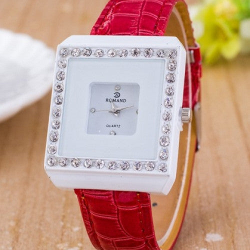 Quartz Casual Watch For Women Fashion Dress Wriswtatch Analog Unique Square Dial With Full Crystal Decoration